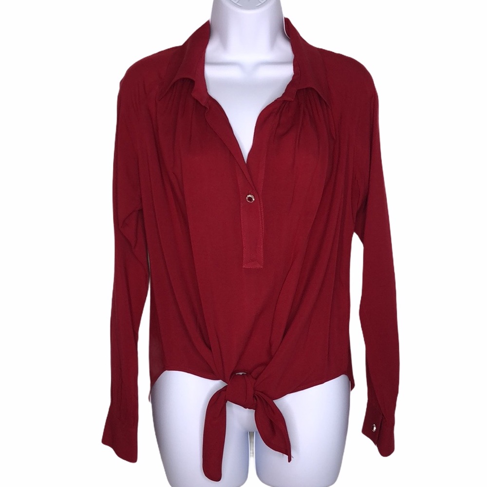 3 for $20 KAREN KANE Deep V Neck Jeweled Buttons Long Sleeve Tie Front Top Red